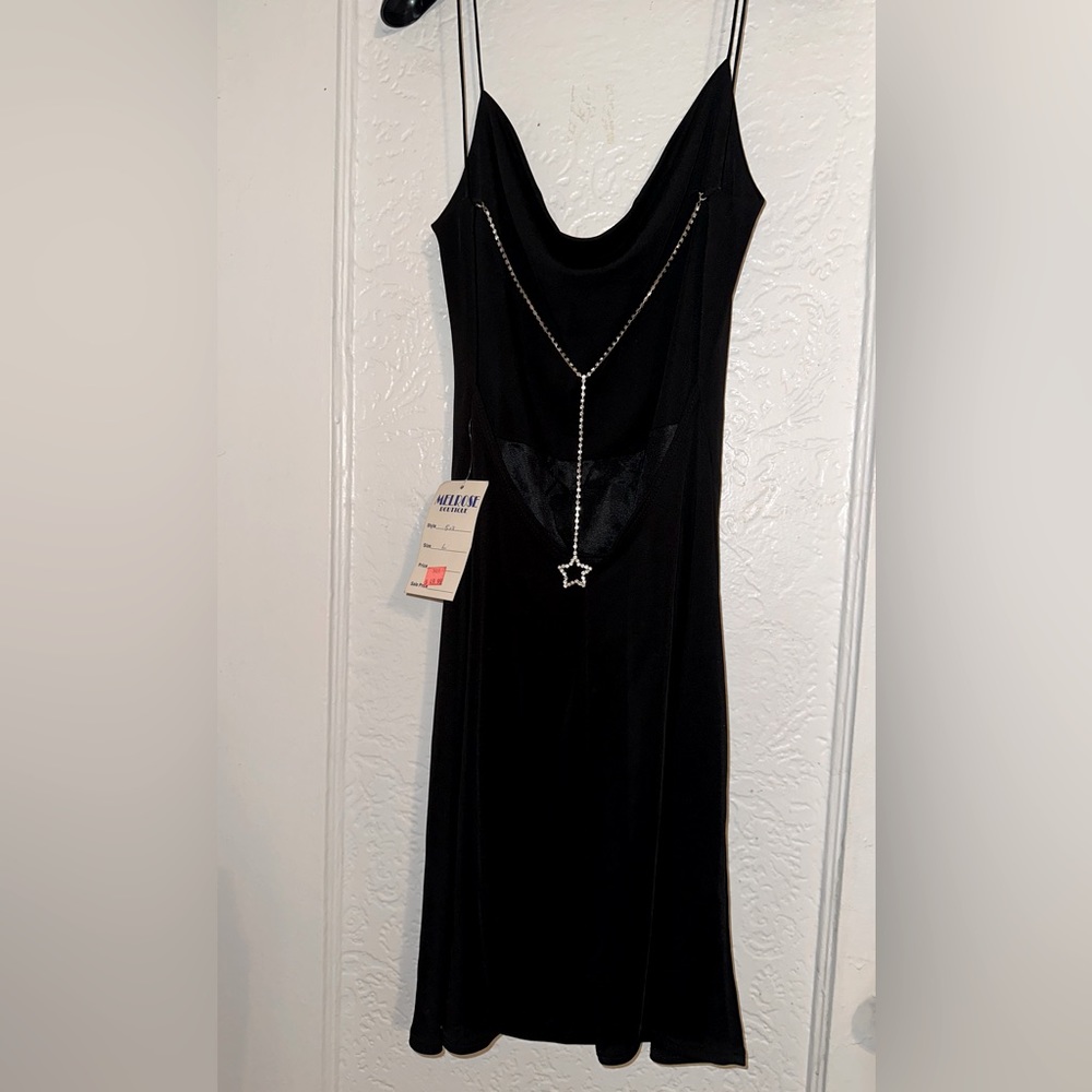 *NEW* Melrose Boutique Black Draped front Backless with Rhinestone Chain Detail